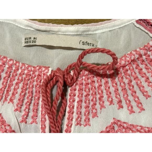 Sfera Peasant Top Womens Medium White & Pink Embroidered Cotton Boho Tank - Picture 4 of 5